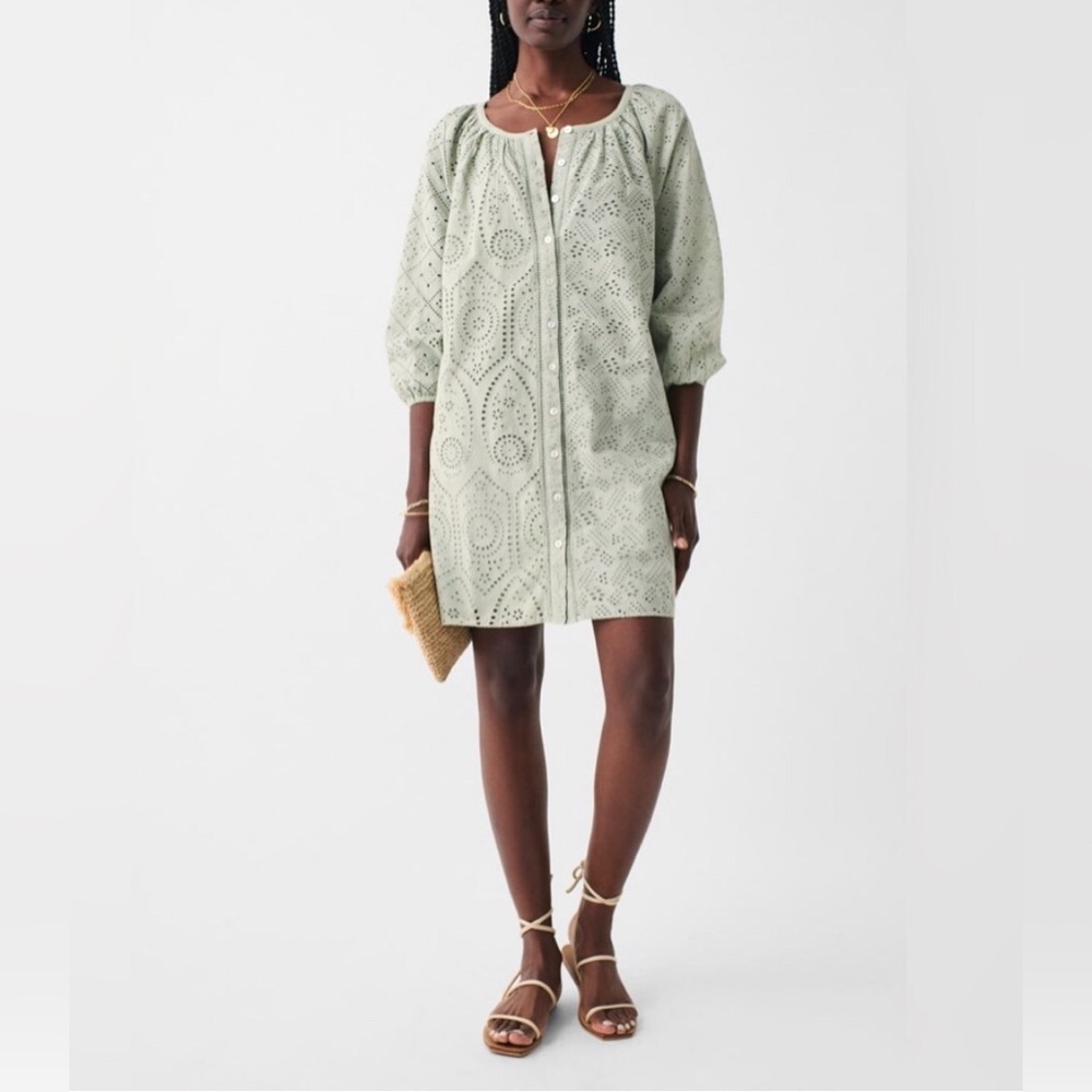 *NWT* Faherty Women’s S Valencia Eyelet 1/2 Sleeved Mini Dress in Desert Sage
